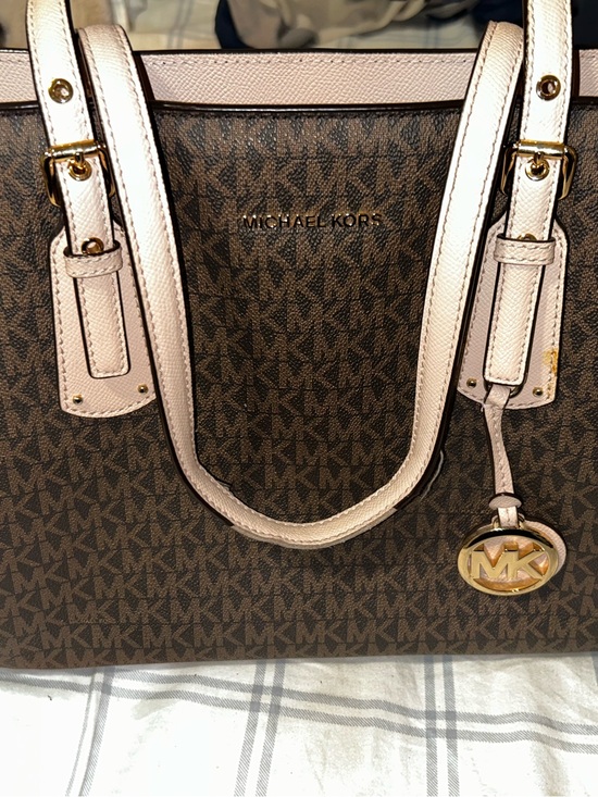 Michael Kors Handbags - Michael Kors Brown Signature Tote with Light Pink Trim